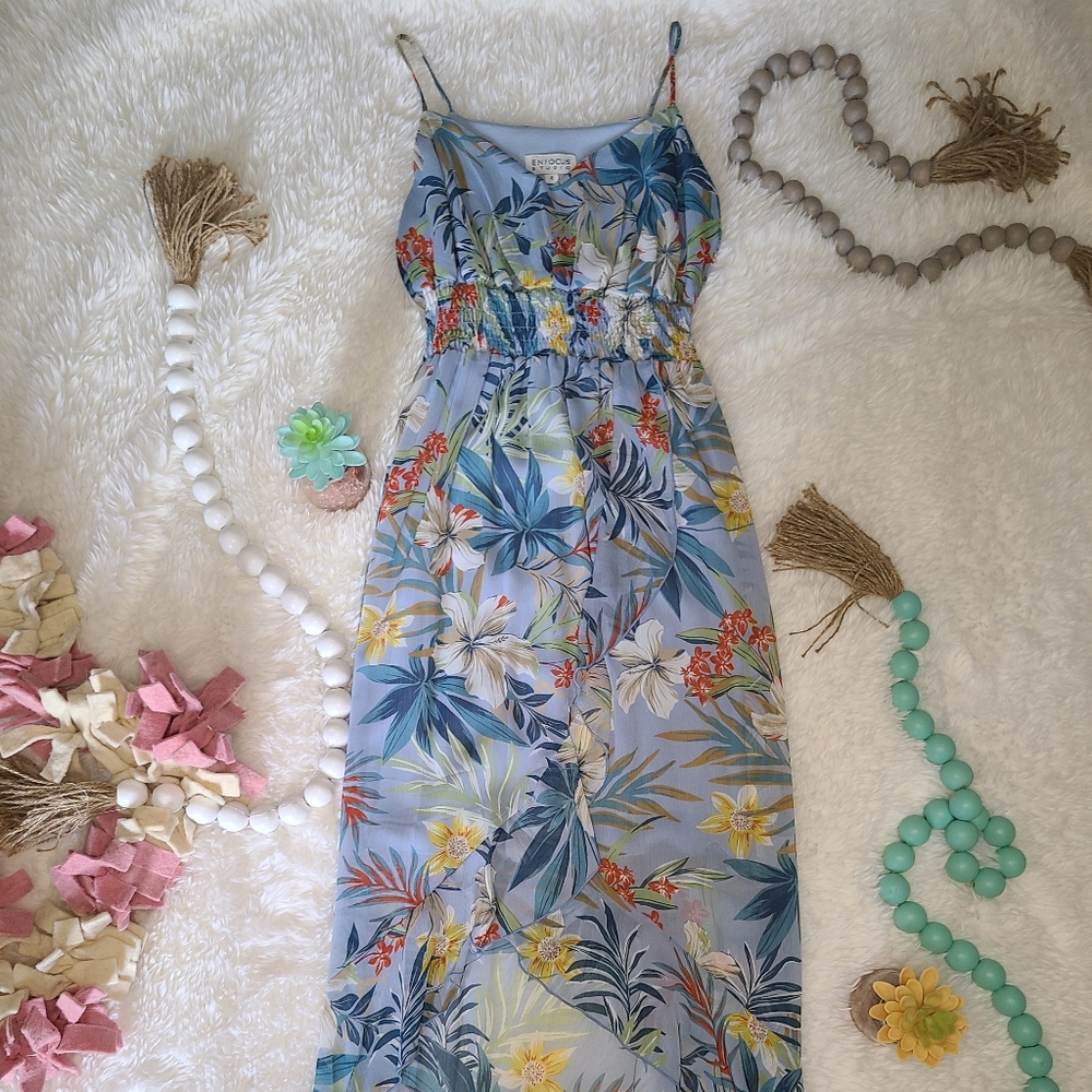 Tropical Floral Print Hi Low Spaghetti Strap Dress
